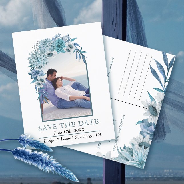 Arch with blue flowers and leaves fall wedding postcard (Creator Uploaded)