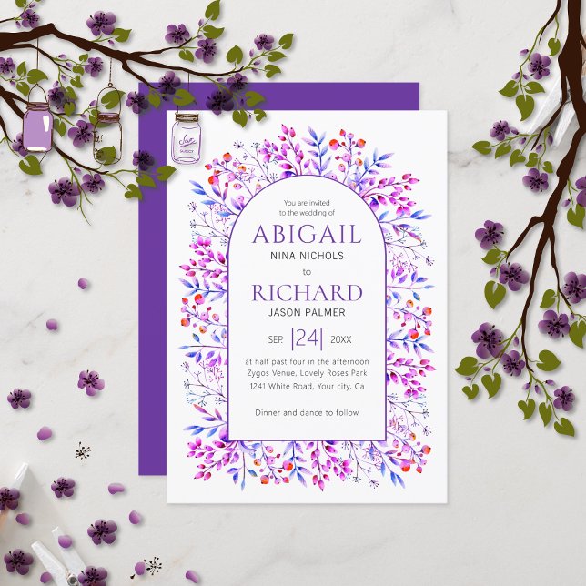Arch with leaves and berries purple winter wedding invitation (Creator Uploaded)