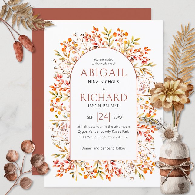 Arch with leaves and berries terracotta wedding invitation (Creator Uploaded)