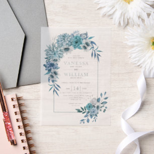 Arch wth teal blue flower arrangement wedding vellum invitations