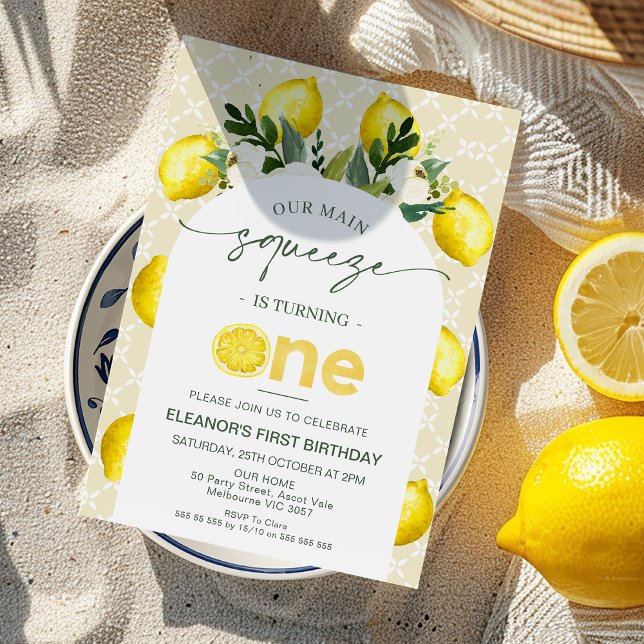 Arch Yellow Lemon Our Main Squeeze 1st Birthday Invitation (Girls Our Main Squeeze 1st Birthday Invitation, Modern Main Squeeze First Birthday Invitation, Lemon)