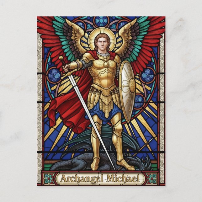 Archangel Michael - Colorful Stained Glass Angel Postcard (Front)