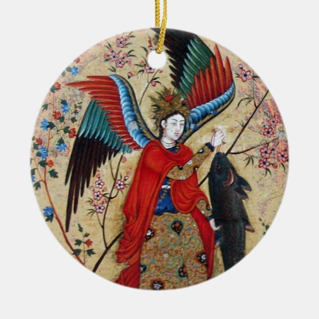 ARCHANGEL RAPHAEL AND FISH PARCHMENT CERAMIC ORNAMENT (Front)
