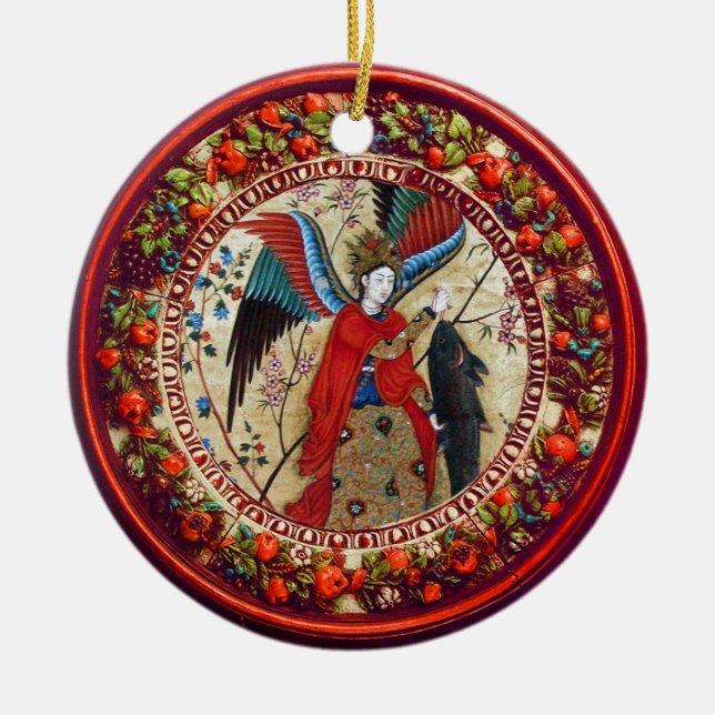 ARCHANGEL RAPHAEL AND FISH PARCHMENT CERAMIC ORNAMENT (Front)