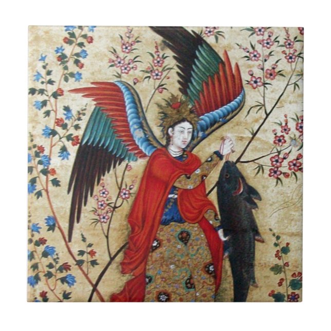 ARCHANGEL RAPHAEL AND FISH PARCHMENT CERAMIC TILE (Front)