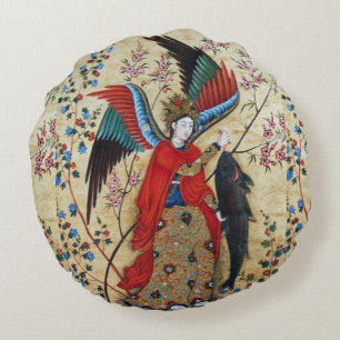 ARCHANGEL RAPHAEL AND FISH PARCHMENT ROUND CUSHION