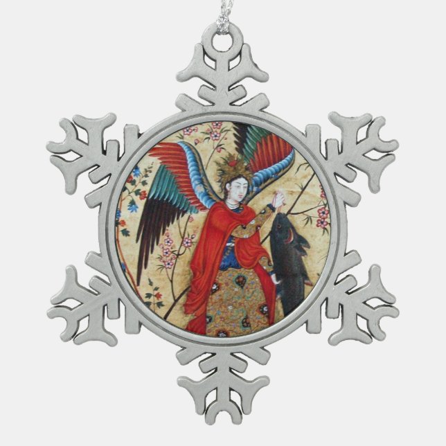 ARCHANGEL RAPHAEL AND FISH PARCHMENT SNOWFLAKE PEWTER CHRISTMAS ORNAMENT (Front)