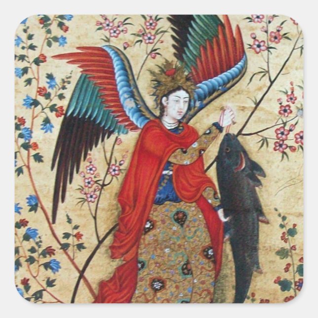 ARCHANGEL RAPHAEL AND FISH PARCHMENT SQUARE STICKER (Front)