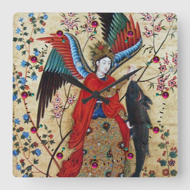 ARCHANGEL RAPHAEL AND FISH PARCHMENT SQUARE WALL CLOCK (Front)