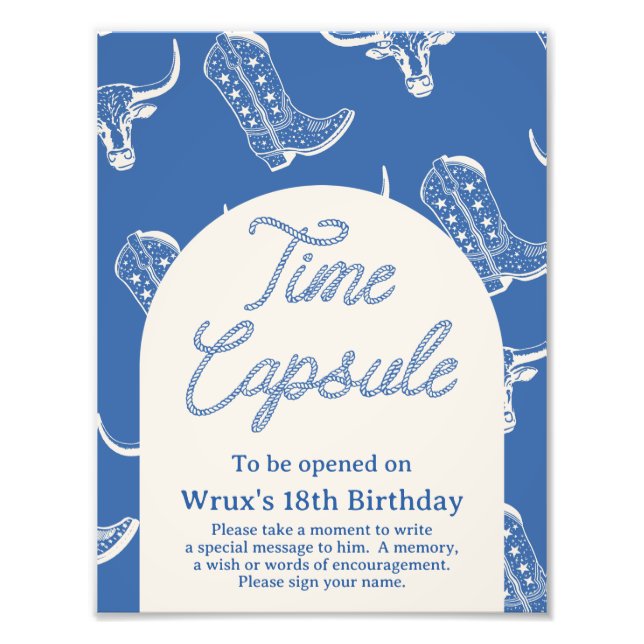 Arched Blue Cow Cowboy Boots Time Capsule Sign (Front)