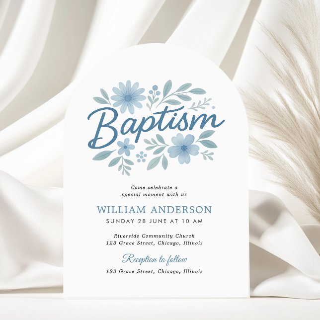 Arched Blue Floral Baptism Invitation for Boy (Elegant arched baptism invitation with soft blue florals on flowing white fabric background)