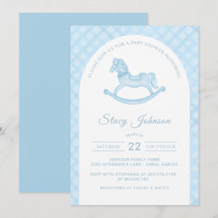 Arched Blue Rocking Horse Boy Baby Shower Invite