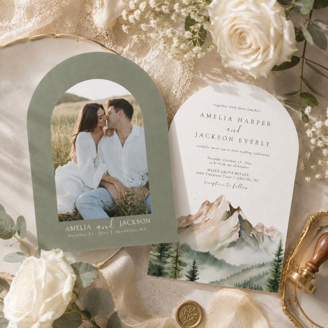 Arched Boho Watercolor Mountain Wedding Invitation (Creator Uploaded)