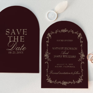 Arched Burgundy Tamarind Floral Old Money Wedding Save The Date