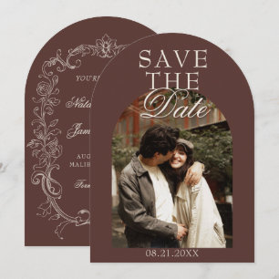 Arched Chocolate Brown Photo Old Money Wedding Save The Date