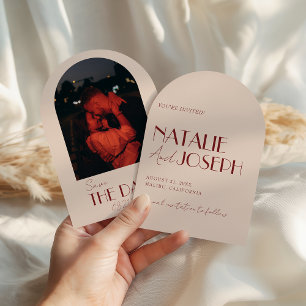 Arched Deep Red Whimsical Retro Photo Wedding Save The Date