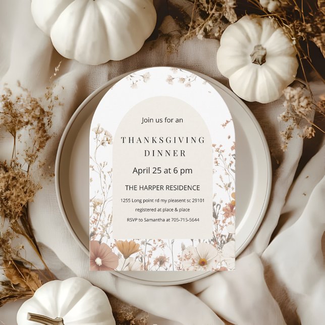 Arched Floral Thanksgiving Dinner Neutral  Invitation (Creator Uploaded)