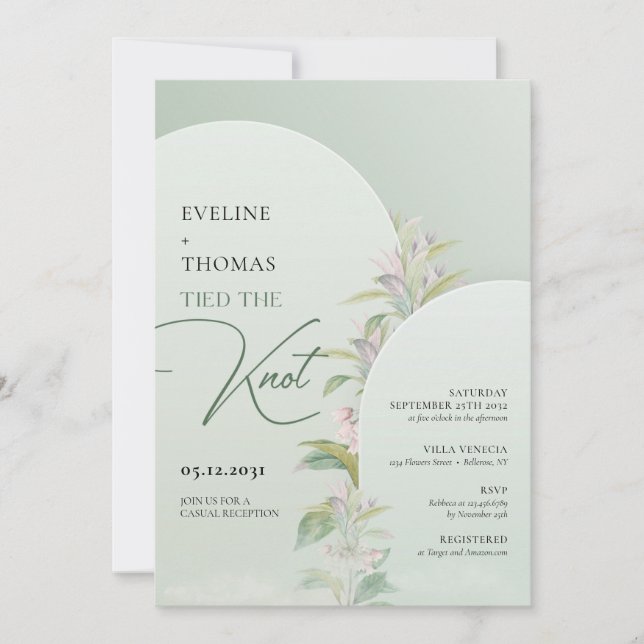 Arched Green eucalyptus blush floral tied the knot Invitation (Front)