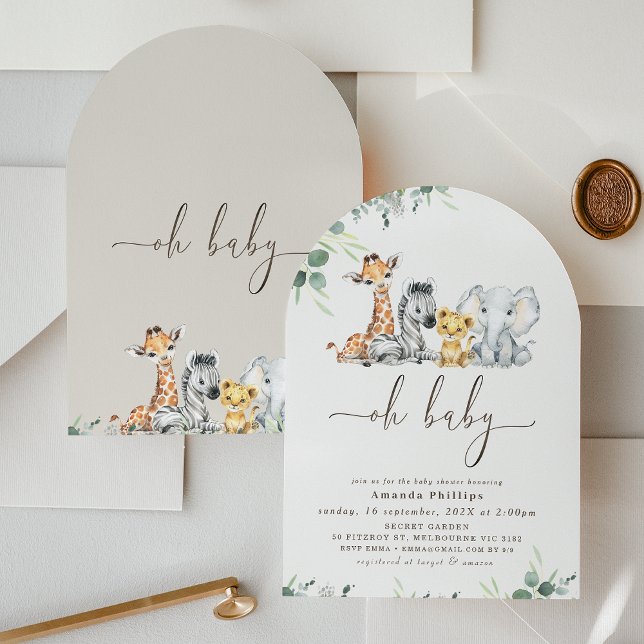 Arched Modern Foliage Safari Baby Shower  Invitation (Safari Baby Shower Invitation Arched Gender Neutral Modern Safari Animals Baby Shower Invite Foliage)