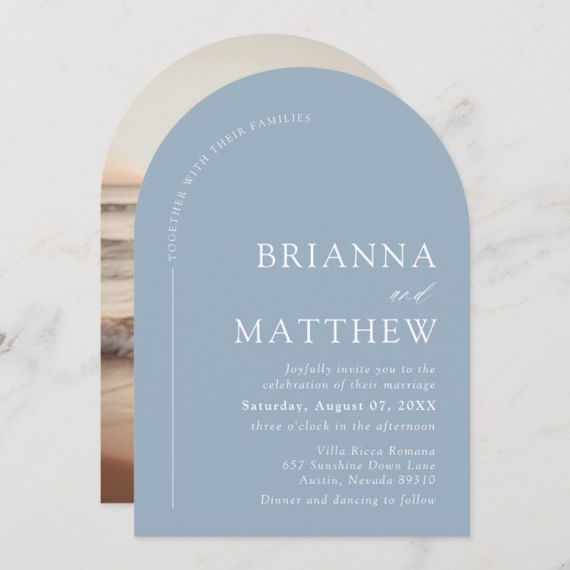 Arched Modern Minimalist Dusty Blue White Wedding Invitation (Front/Back)