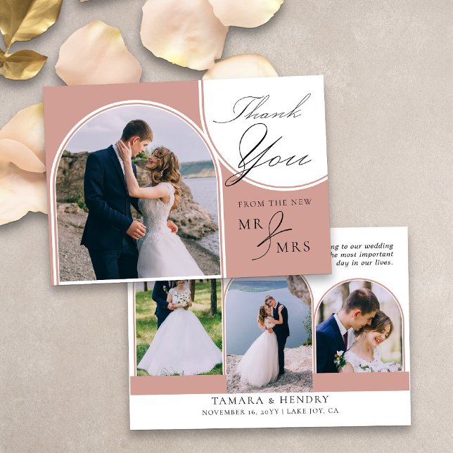 Arched Multi Photo Elegant Calligraphy Rose Gold Thank You Card (Arched multi photo thank you card in rose gold from my Wedding Colors collection)