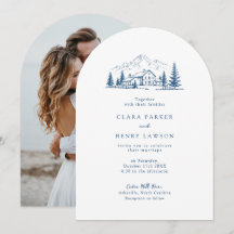 Arched Navy Winter Mountain Wedding Invitation