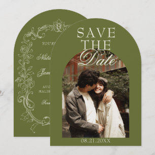 Arched Olive Green Photo Old Money Wedding Save The Date