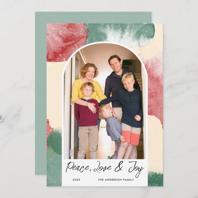 Arched Photo Abstract Watercolor Peace Love & Joy Holiday Card (Front/Back)
