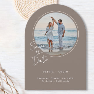 Arched Photo Casual Script First Names Taupe Save The Date