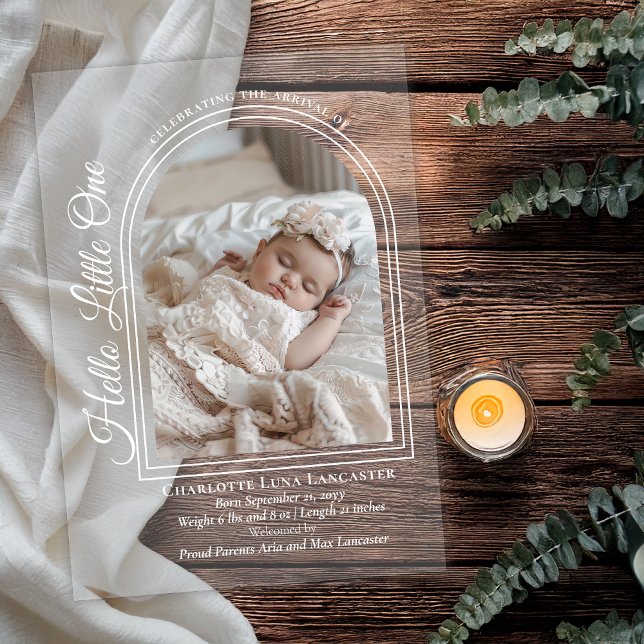 Arched Photo Elegant Script Birth Announcement (Arched Photo Elegant Script "Save the Date" Acrylic Announcement - White Text on Clear)