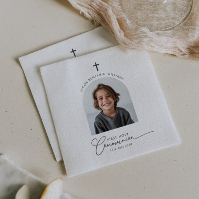 Arched Photo First Communion Boy Napkin (Zazzle Arched Photo First Communion Boy Napkins)