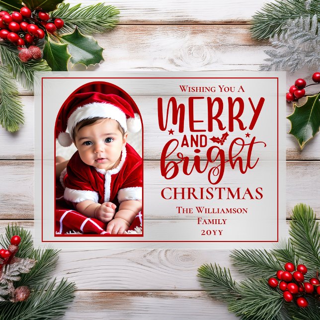 Arched Photo Merry and Bright Holly Acrylic Invitations (Arched Photo "Merry and Bright" Holly and Berries Christmas Holiday Acrylic Card)