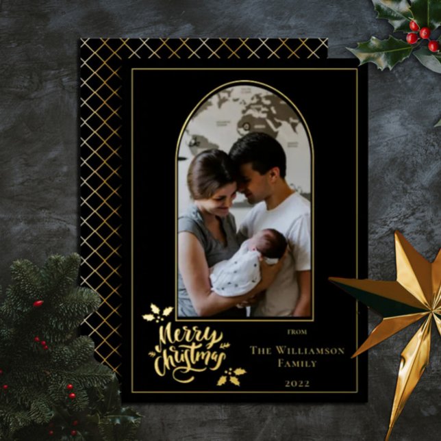 Arched Photo Merry Christmas and Holly on Black  F Foil Holiday Card (Creator Uploaded)