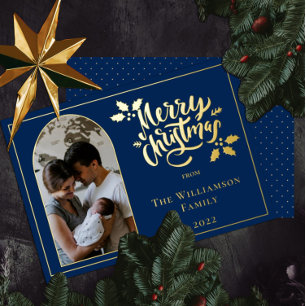 Arched Photo Merry Christmas and Holly on Dk Blue  Foil Holiday Card