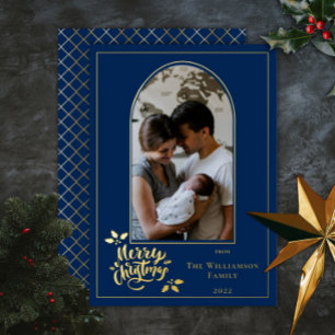 Arched Photo Merry Christmas and Holly on Dk Blue Foil Holiday Card