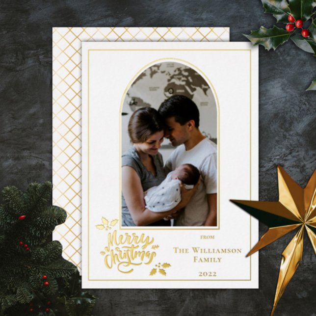 Arched Photo Merry Christmas and Holly on White Fo Foil Holiday Card (Creator Uploaded)