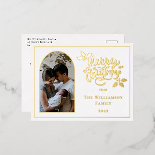 Arched Photo Merry Christmas and Holly on White Foil Holiday Postcard