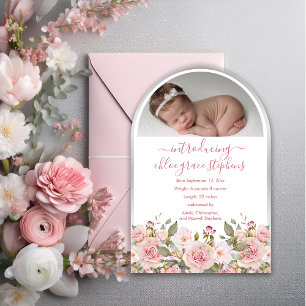 Arched Photo Pink Floral Girl Birth Announcement