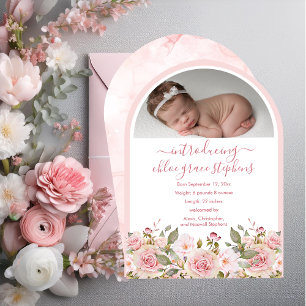 Arched Photo Pink Floral Girl Birth Announcement