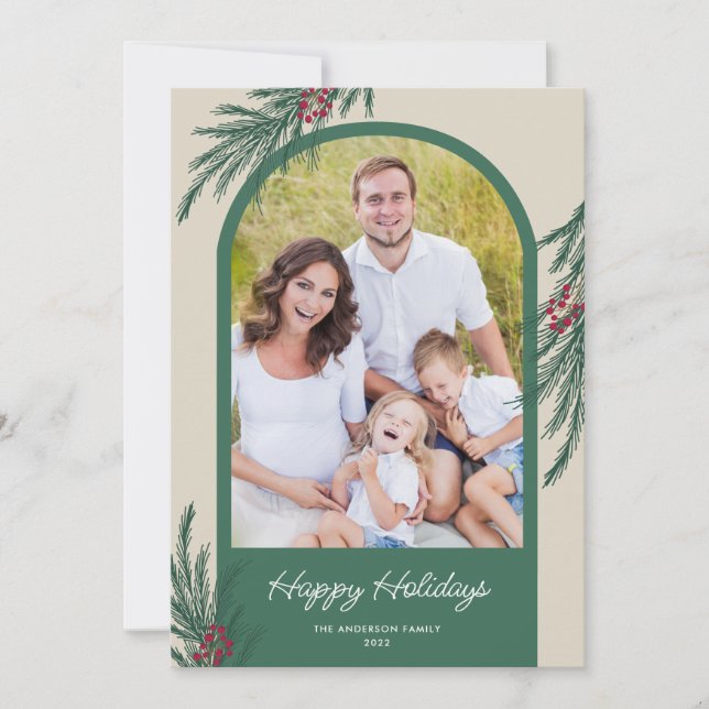 Arched Photo Winter Greenery Happy Holidays Holiday Card (Front)