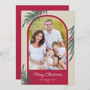 Arched Photo Winter Greenery Merry Christmas Holiday Card