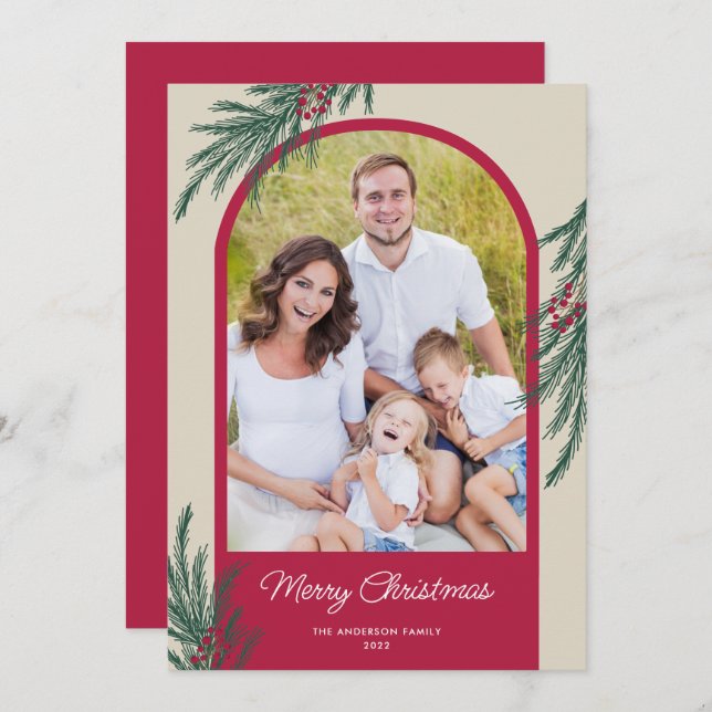 Arched Photo Winter Greenery Merry Christmas Holiday Card (Front/Back)