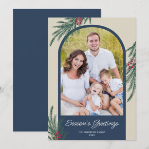 Arched Photo Winter Greenery Season's Greetings Holiday Card