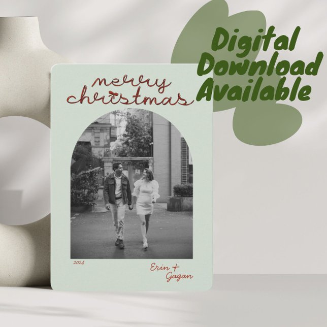 Arched photograph red bow merry Christmas card  (Creator Uploaded)