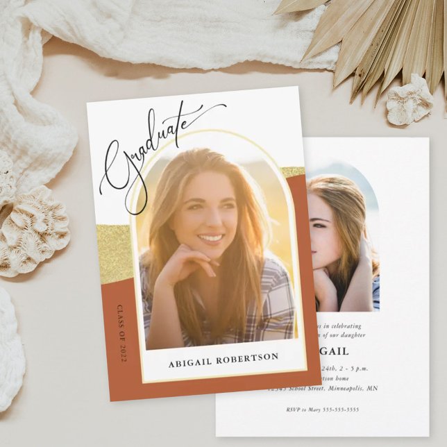 Arched Photos Terracotta & Gold Graduation Party Invitation (Creator Uploaded)