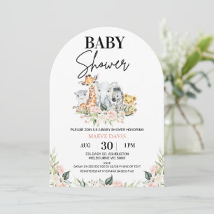 Arched Pink Floral Safari Animals Baby Shower  Invitation