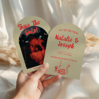 Arched Red Hand Drawn Retro Quirky Photo Wedding