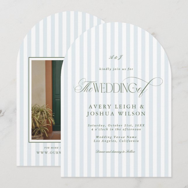 Arched Sage Green & Blue Stripes Classy Wedding Invitation (Front/Back)