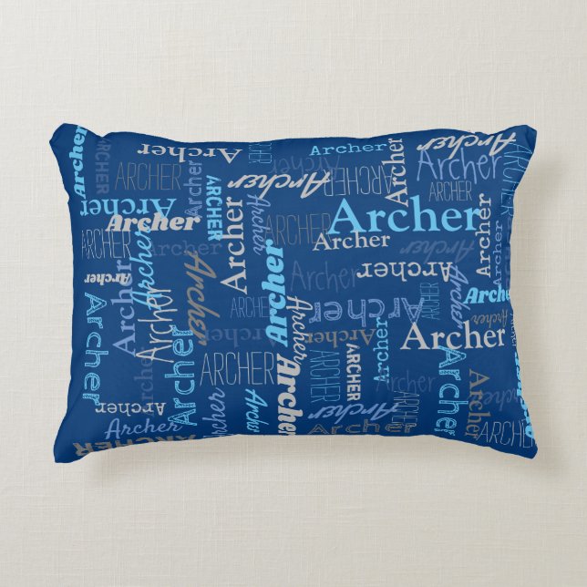 Archer personalised name shades of blue and grey  decorative cushion (Front)