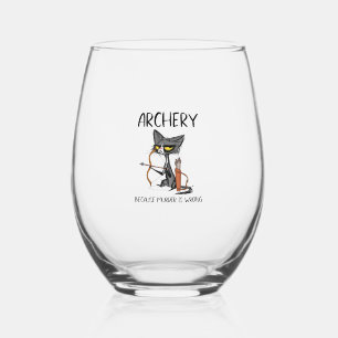 Archery because murder is wrong Funny cat archer Stemless Wine Glass